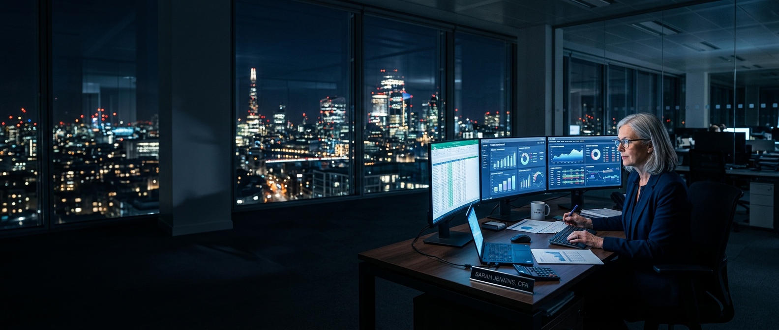 Financial analyst reviewing ledger and revenue dashboards in a high-rise office at night