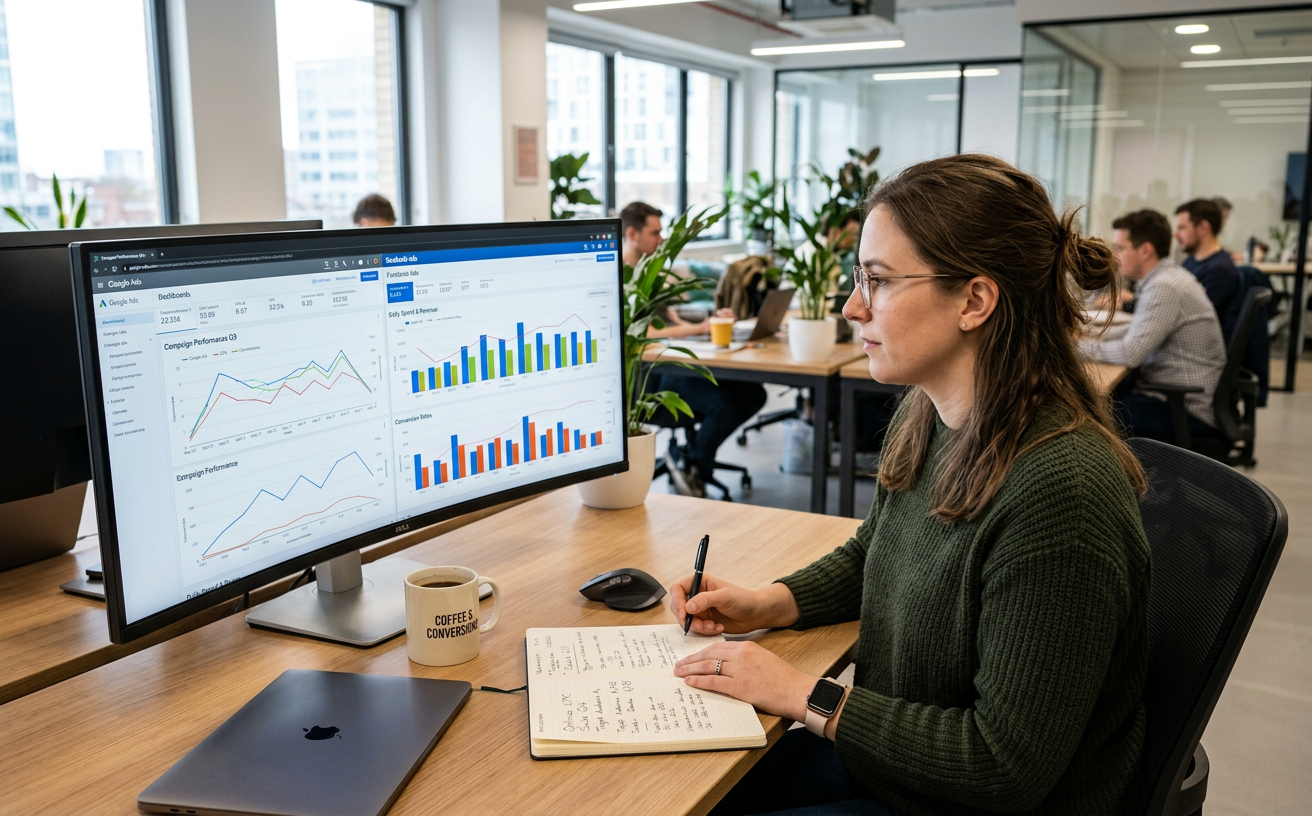 Marketing specialist analyzing ad campaign performance charts